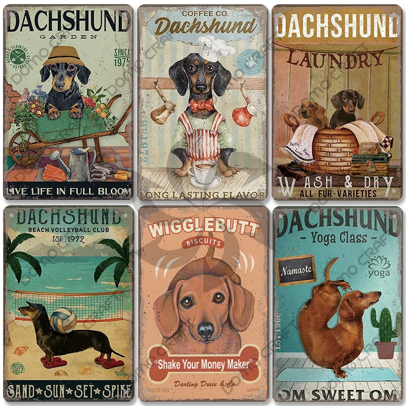 Cute Pet Dogs Poster Metal Tin Signs Vintage Bulldog Dachshund Metal Plaque Wall Art Decor for Coffee Shop Kitchen Garden Home