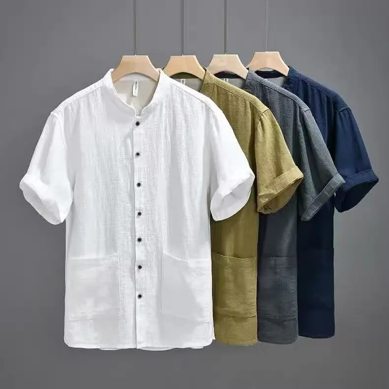 

Мужская летняя дышащая тонкая верхняя одежда в стиле тан-костюм: свободный крой, воротник-стойка, хлопок и лён.