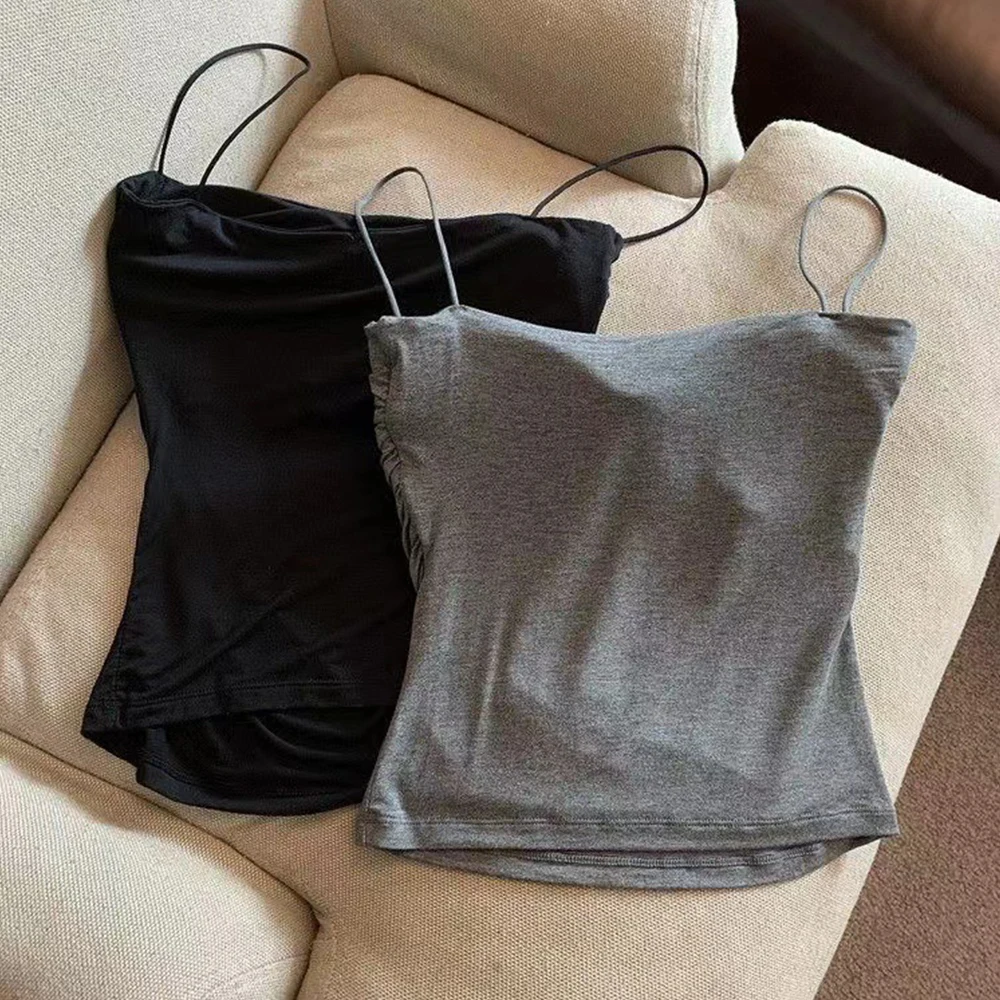 Kaus kamisol tanpa lengan elastis seksi untuk wanita tali Spaghetti atasan crop rompi Tank Top padat kasual bawaan Bra Pad Slim Fit