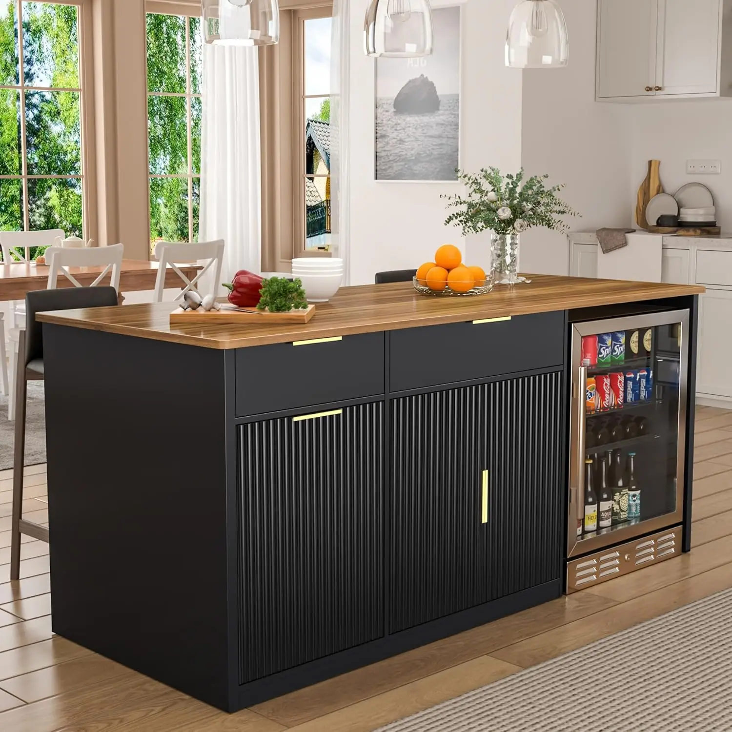 Isla de Cocina Grande de 75.6 Pulgadas con Espacio para Refrigerador, Mesa de Bar Moderna con Cajones y Espacio para Basura, Personalizable
