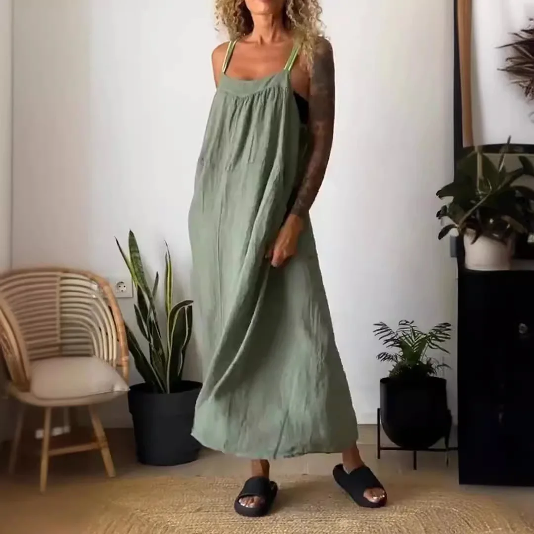 

Vintage Women Solid Maxi Dress Summer Fashion Boho Sleeveless Linen Long Dresses Ladies Casual Holiday Boho Vestidos