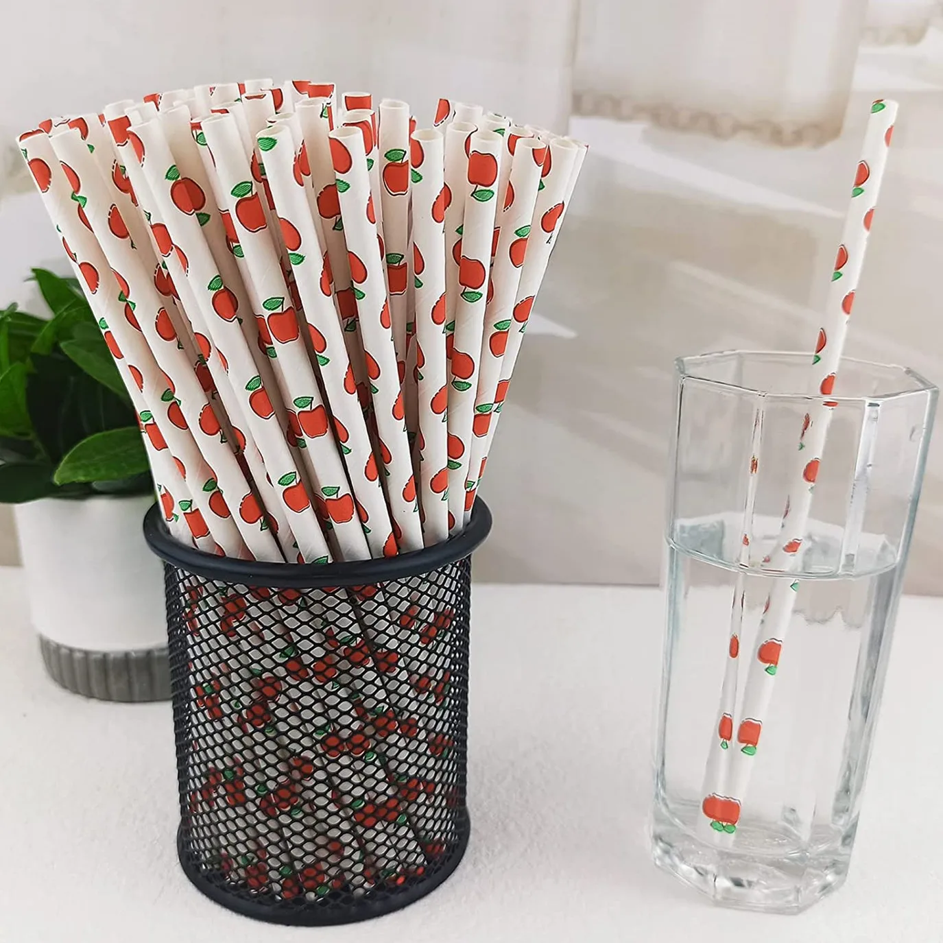 Apple Paper Straws Bulk, Green, Red, Fruit, Cute, Summer, Beach, Pool, Cocktail, Party, Drinking Bar, Cake Pop Sticks, 100 Pcs