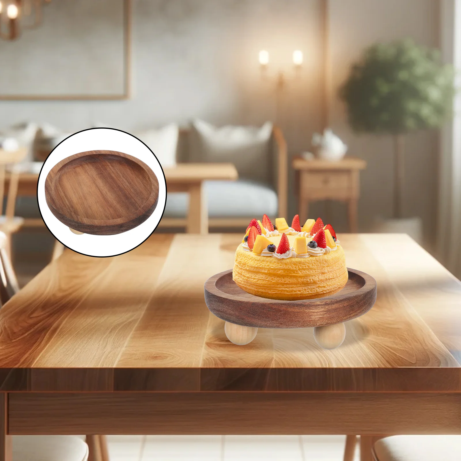 

Round Wooden Tray Solid Wood Rustic Brown Elegant Dessert Platter Afternoon Tea Party Breakfast Bed Versatile Use Smooth Finish