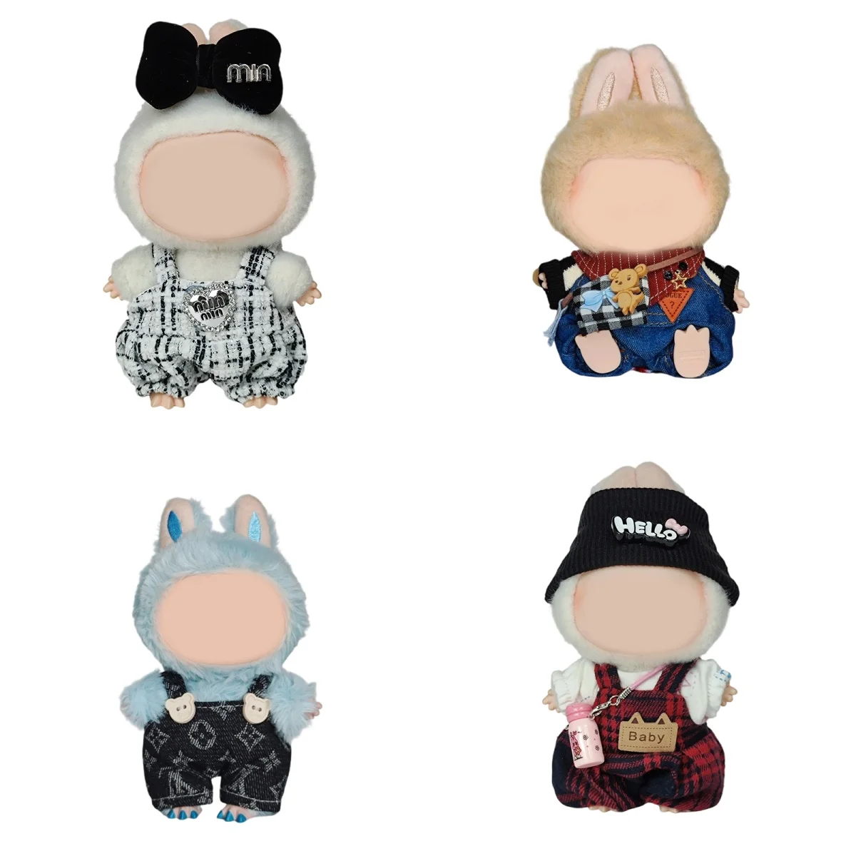 

For 17cm Labubu Doll Clothes Trendy Casual Set - Kawaii Plaid Scarf & Denim Overalls Outfit for Labubu, Cute Plush Toy Costume