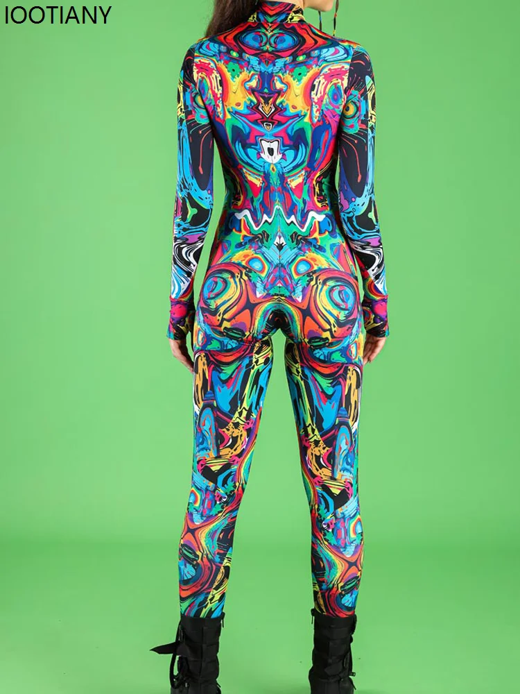 Women Abstract Art Print Jumpsuit Plaid Bodysuit With Rainbow Symbol Festival Zentai Suit Halloween Party Morphsuit Rave Outfits