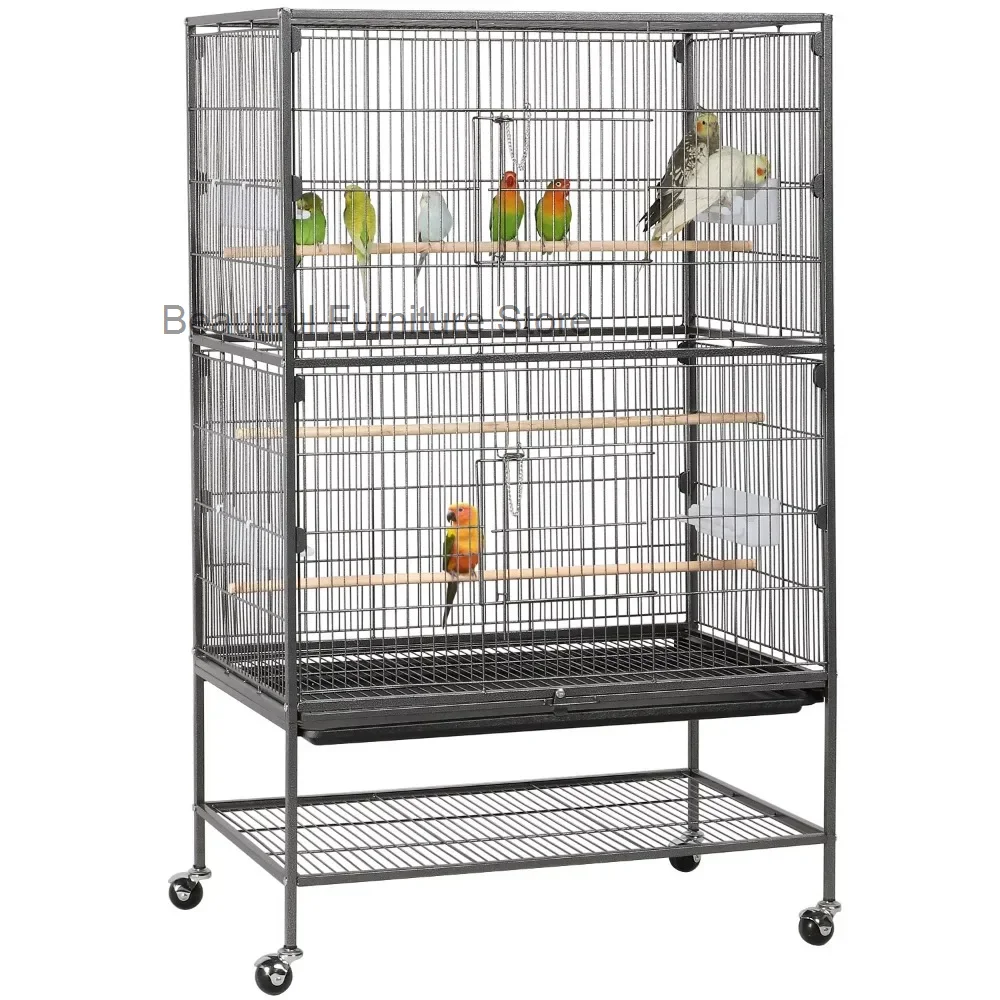 

Metal 52" Large Rolling Bird Cage with 3 Perches and 4 Feeders, Black