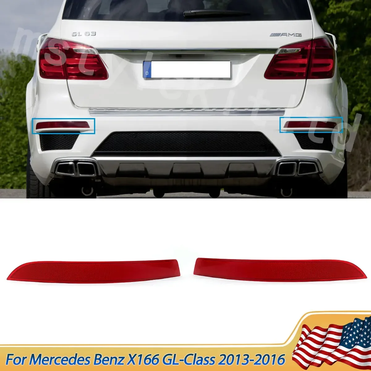 Pair Rear Bumper Reflector Lights For Mercedes Benz X166 GL 2013 2014 2015 2016