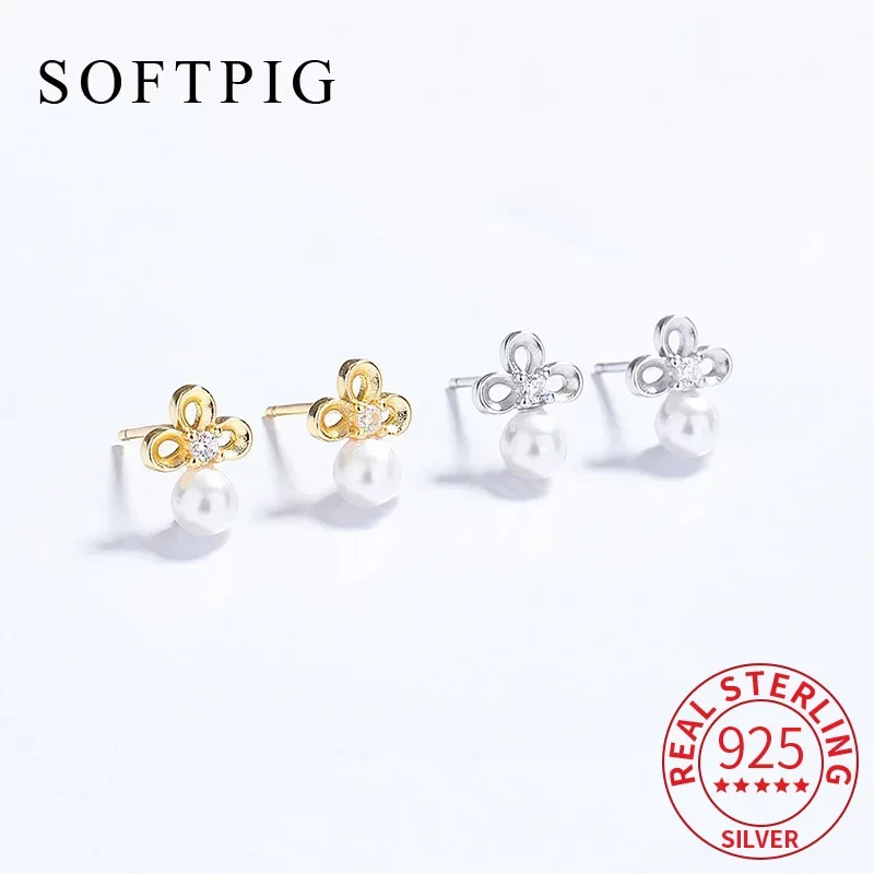

SOFTPIG Real 925 Sterling Silver Zircon Pearl Clover 18K Sutd Earrings for Women Classic Fine Jewelry Light Luxury Accessories