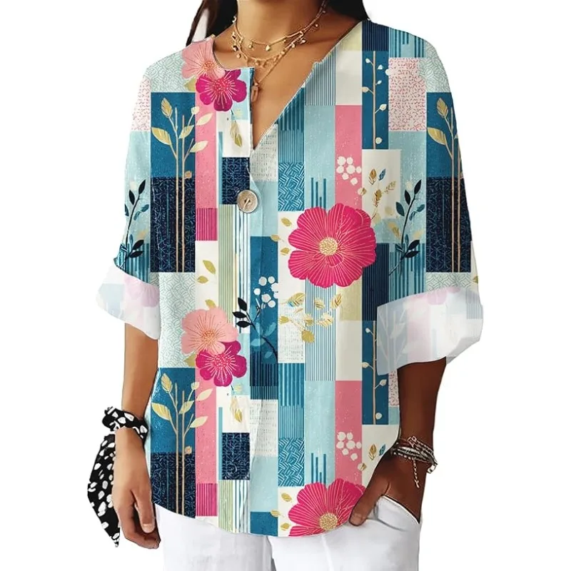 

Мужская клетчатая женская футболка с цветочным принтом и v-образным вырезом на больших пуговицах, уличная повседневная рубашка, топ, клетчатая одежда