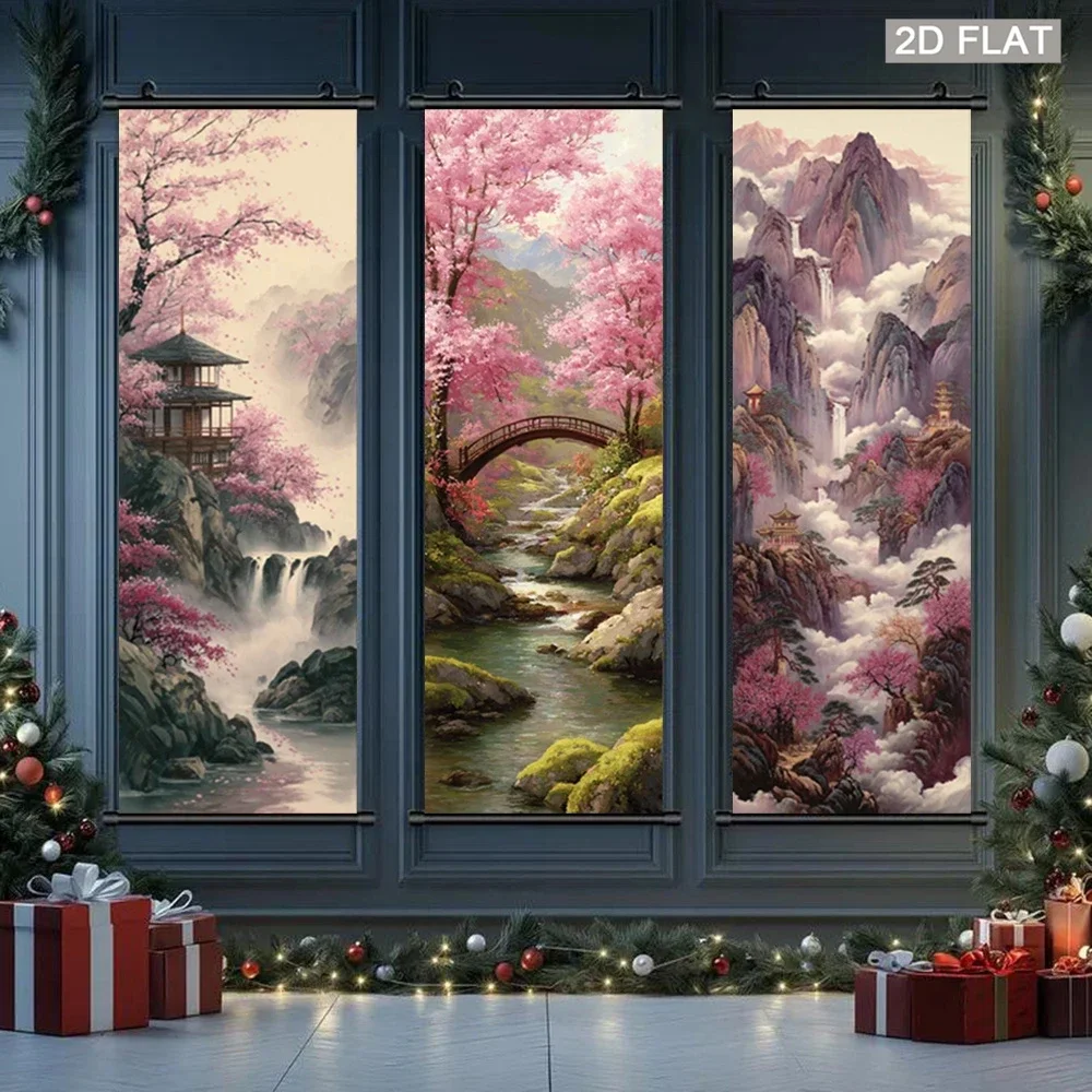 VIKAMA Cherry Blossom Bridge Stream Wall Scroll, 3 Designs, Wall Decor for Bedroom Living Room Dorm