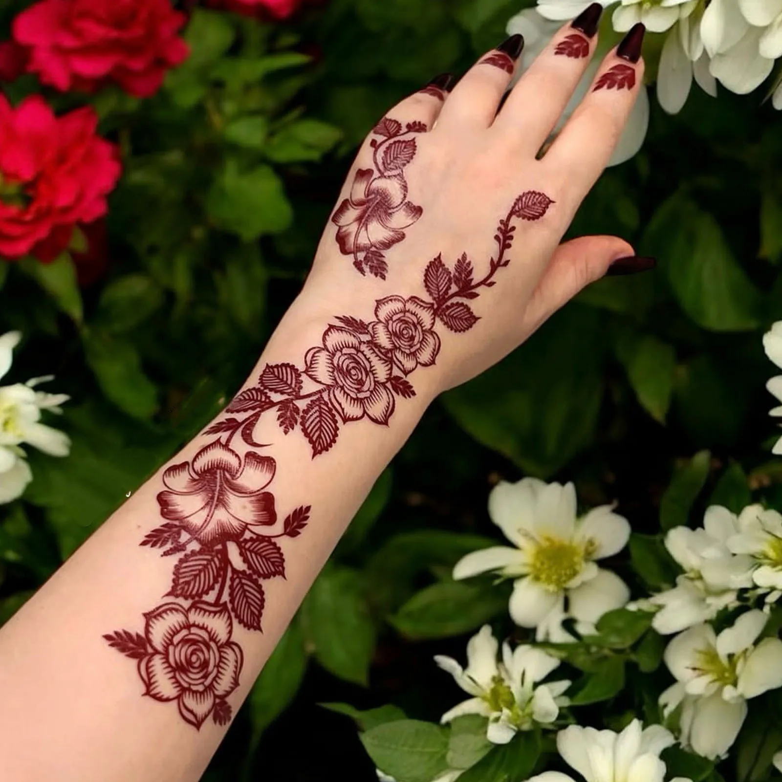 Red Henna Floral Temporary Tattoo Sticker for Hand Back, Rose Pattern Body Art, Easy to Apply and Remove