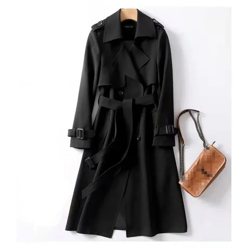 Black Knee-Length Women's Coat Spring Autumn New Korean Style Popular British Style Overcoat Long Trench Coat for Short People