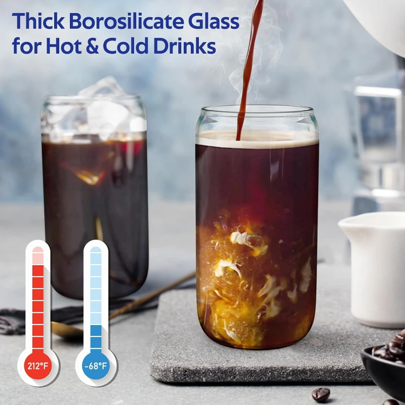 Glass Cups with Lids and Straws 16 Oz Glass Can Iced Coffee Cup with Bamboo Lids Drinking Glasses Tumbler Drinking Glassware