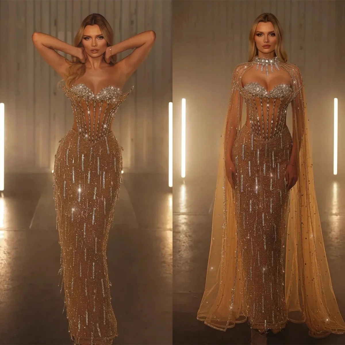 

Sexy Mermaid Evening Dress With Wrap Beaded Crystal Sequins Strapless Prom Gowns Sleeveless Lace Formal Dresses Customized