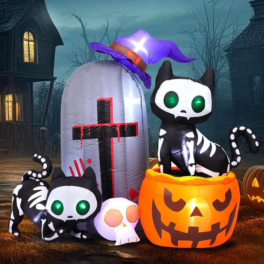 

6FT Halloween Iatables Skeleton Cat Pumpkin with LED Buildin Yard Decoration Blow Up Iatables for Outdoor Indoor Garden Lawn