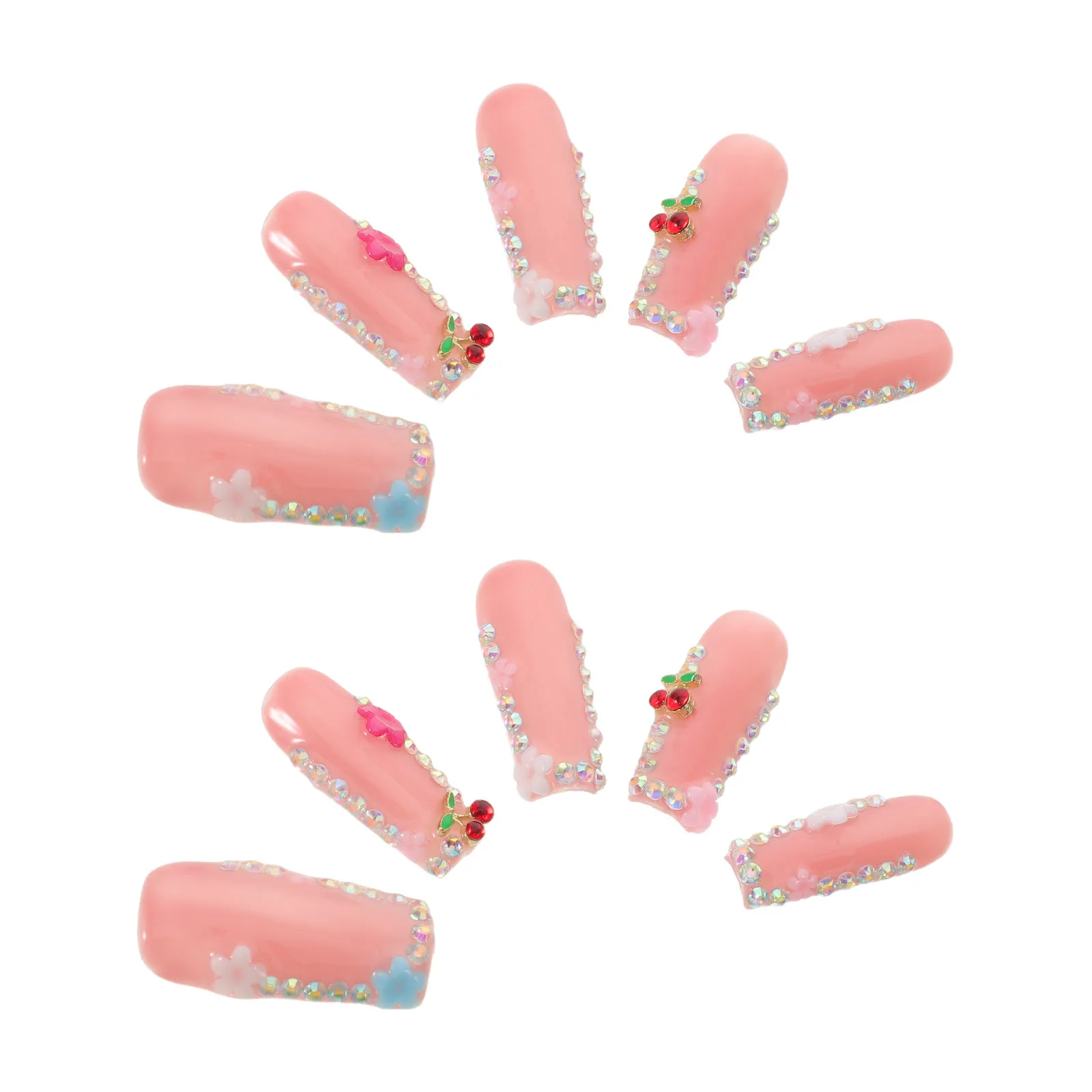 10Pcs Flower Press on Nails Rhinestone Cherry Fake Nails Full Cover Coffin Nail Tips Spring Party Wedding DIY Manicure