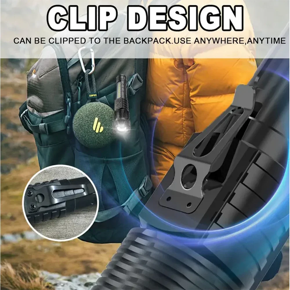 2pcs Powerful LED Flashlight 99000LM Telescopic Zoom Tactical Torch Cob Side Light Outdoor Waterproof Night Fishing Light