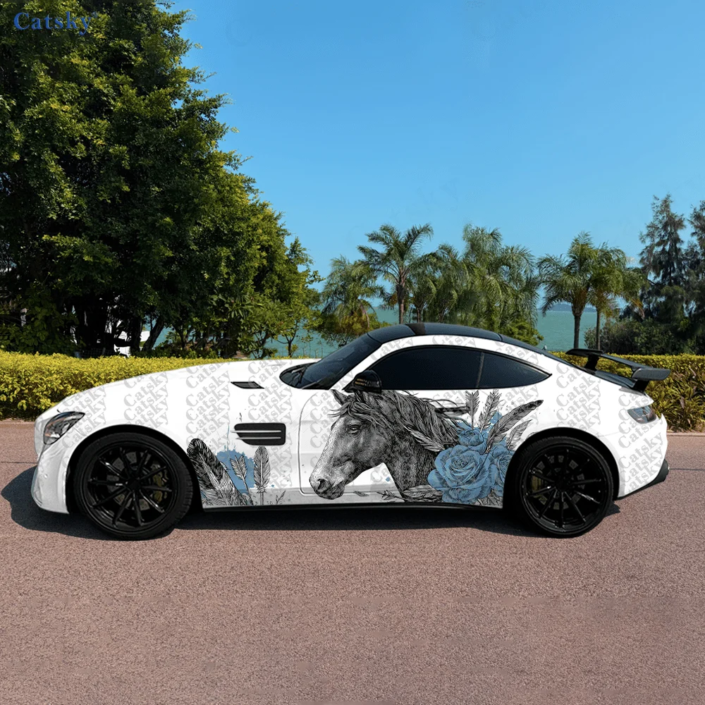 2pcs Blue Flower Horse Arrow Sticker, Durable, Fade-Resistant, Enhance Your Vehicle's Aesthetic with Art Design Car Vinyl Wrap