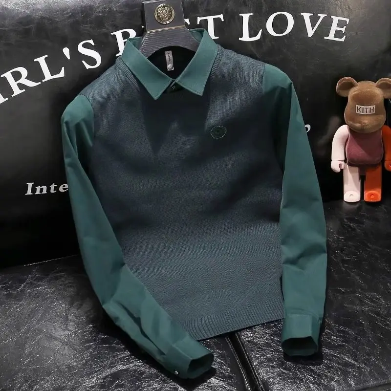 

Autumn and winter new style fake two-piece spliced men's trendy embroidered shirt collar slim fit high-end men's All-match top