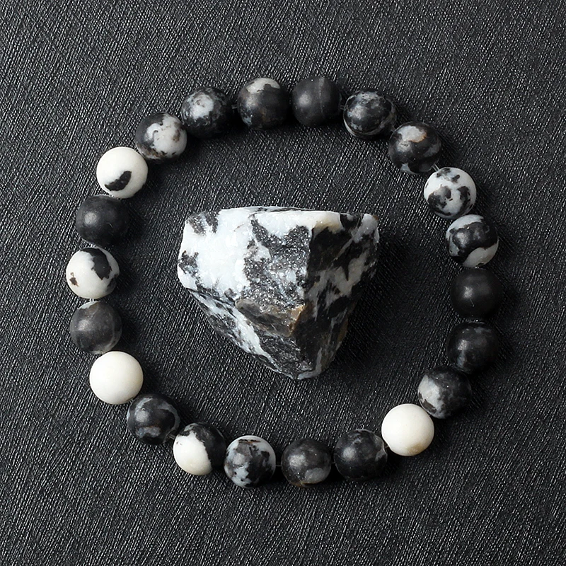 Black White Zebra Jasper Bracelets Men Women Natural Stone Round Bead Yoga Meditation Pink Zebra Energy Jasper Jewelry Pulsera