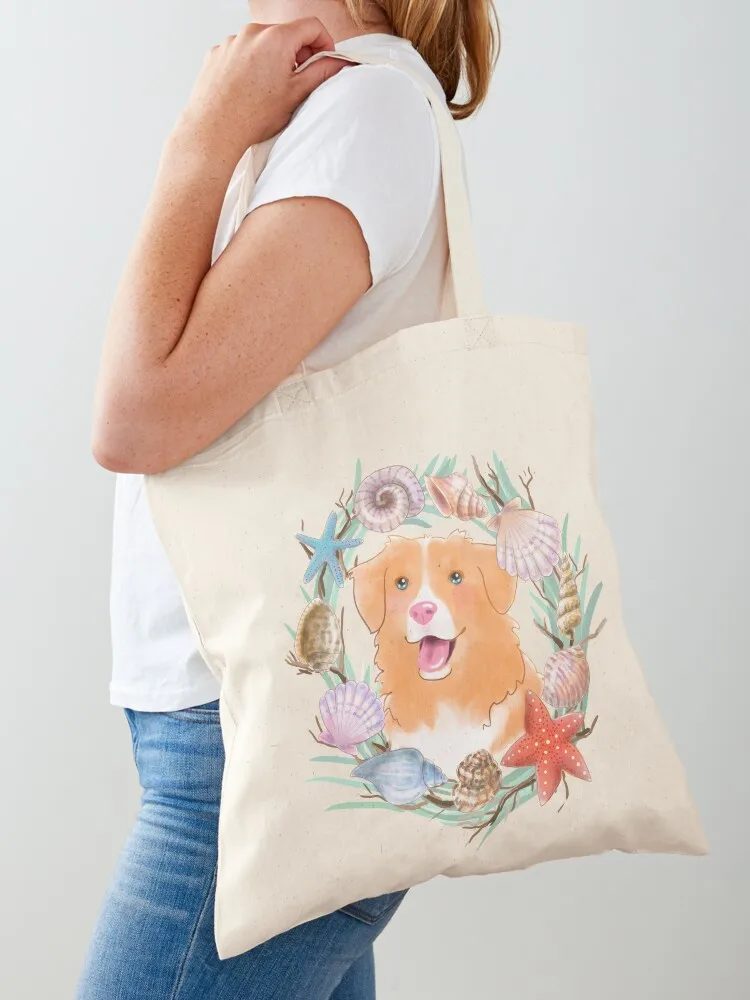 

Toller with Seashell Wreath Tote Bag personalized tote tote bags aesthetic Canvas ecological bags