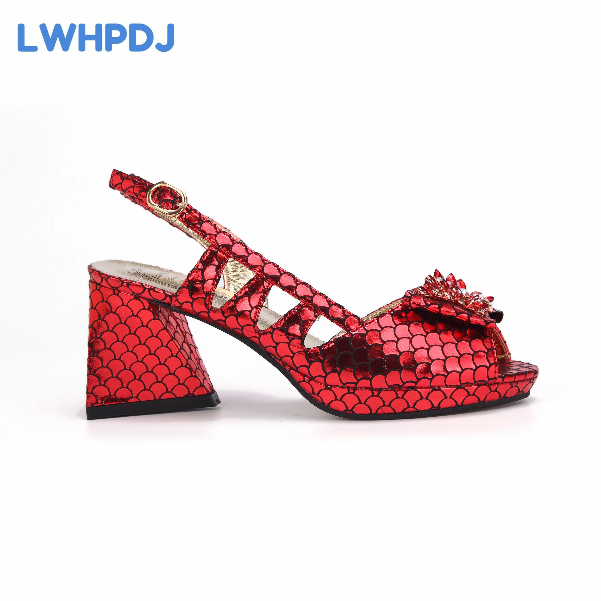 Red Color New Stitching Design Flash Diamond Decoration Mature Women\'s Bag With Nigerian Comfortable Shoes