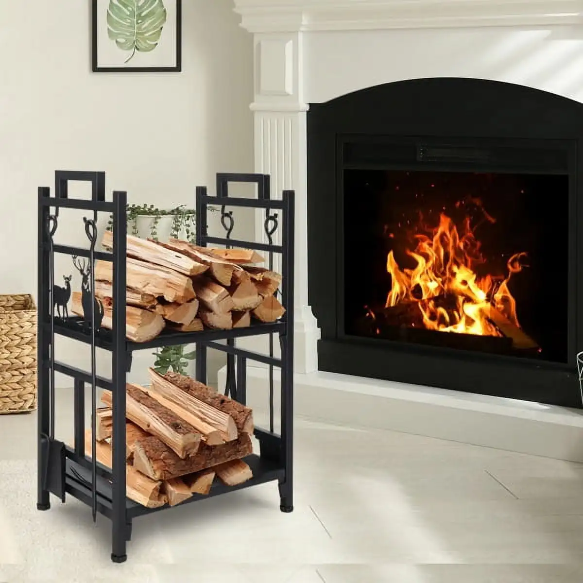 

Double Layer Firewood Holder with Animal Pattern – Weatherproof Iron Log Rack, Outdoor Firewood Storage