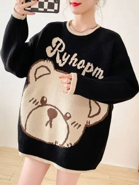 

Faionable вязаный свитер с брендовым вырезом для женщин больших размеров, осень-зима, новая корейская версия, свободная посадка с высокой талией