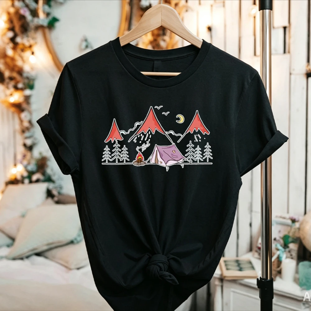 Women Cute Mountain Camping Tent Moon Graphic T Shirt Wilderness Nature Tee Casual Outdoor Adventure Tops Gift Female Clothes