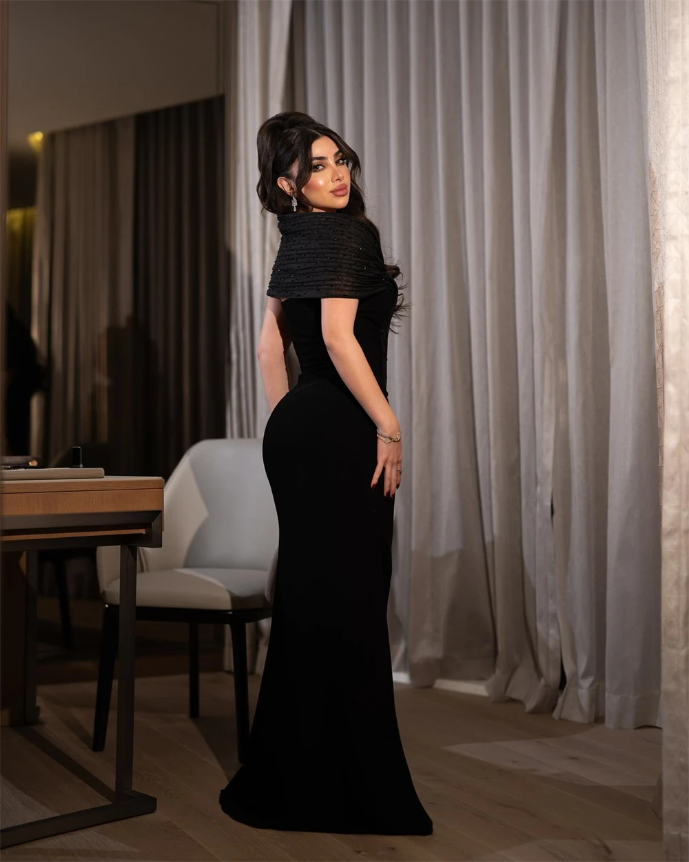 Customized Classic Black Jersey Evening Dress Classic V-Neck Off the Shoulder Party Dress Soft Mermaid Sweep Train Prom Dresses