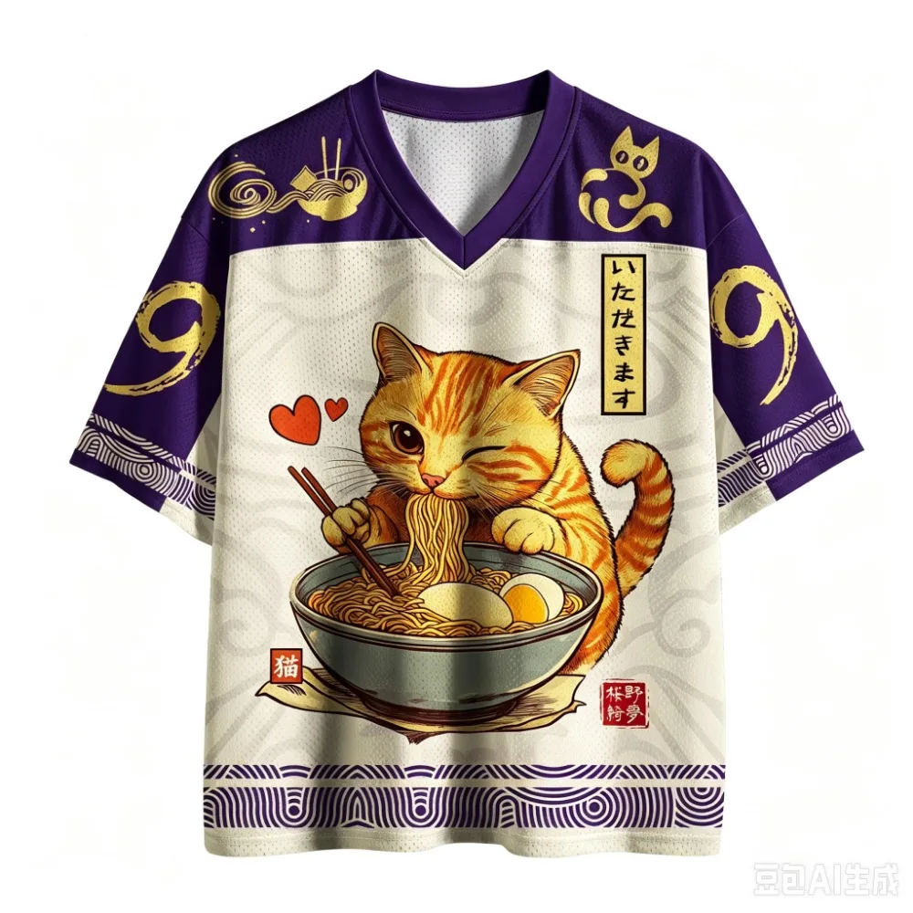 Summer Fashion New Design Japanese Cat Ramen Pattern 3D Printed Men's and Women's V-Neck Sport TShirt Street Y2K Family Clothing