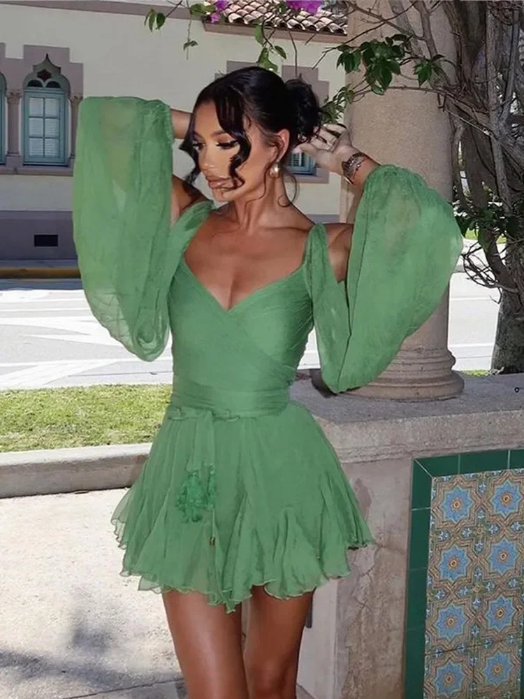 Green Backless Lace-up Ruffles Split Sleeve Dresses Sexy Solid Color Lady Mini Dress Vacation Casual Party Holiday Vestidos Robe