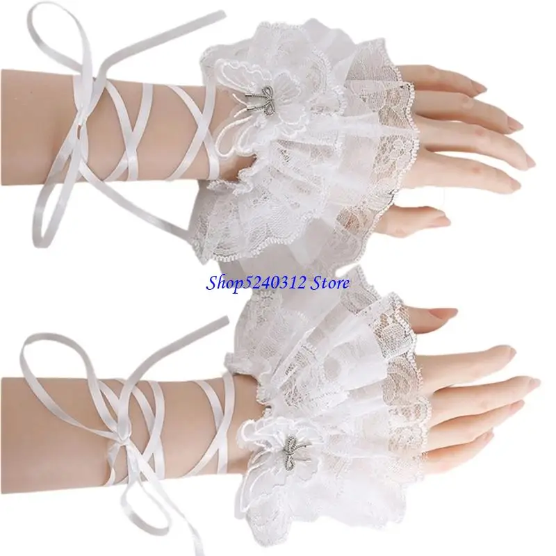 634C Guanti senza da donna Lolitas Strato con volant in pizzo maniche per bracciali per matrimoni danze da sposa Party