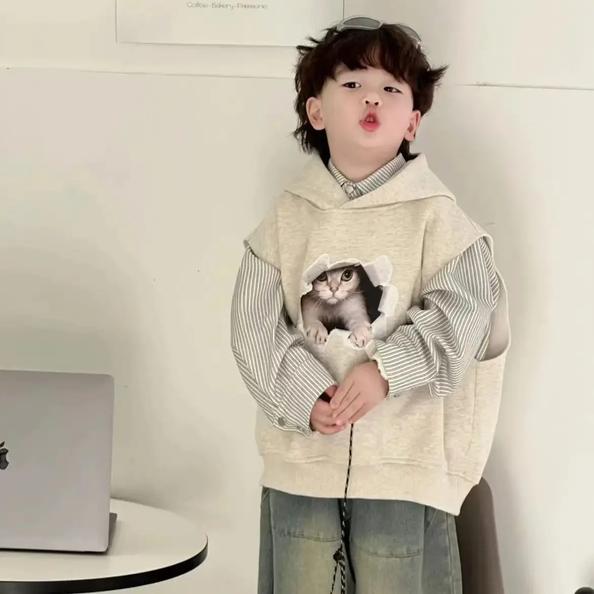 Children's Autumn New Korean Version 3D Cartoon Printed Vest Striped Shirt Jeans Three Piece Set Trendy Cool