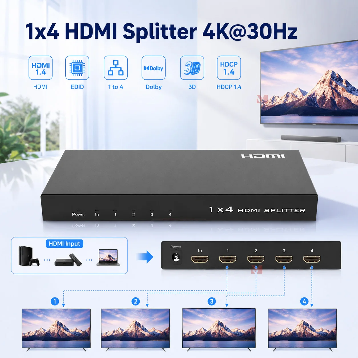 

LINK-MI 4K30HZ HDMI Splitter 1x4 1input 4 outputs HDMI Adapter Video Splitter For PC Laptop Monitor