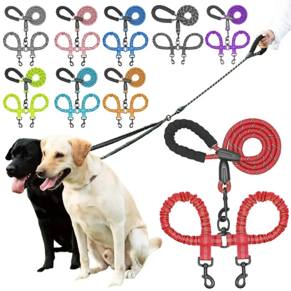 Shock Absorbing Two Dog Lead Rope Stretchable Nylon Double Headed Leash Multifunctional Comfort Handle Double Head Dog Rope