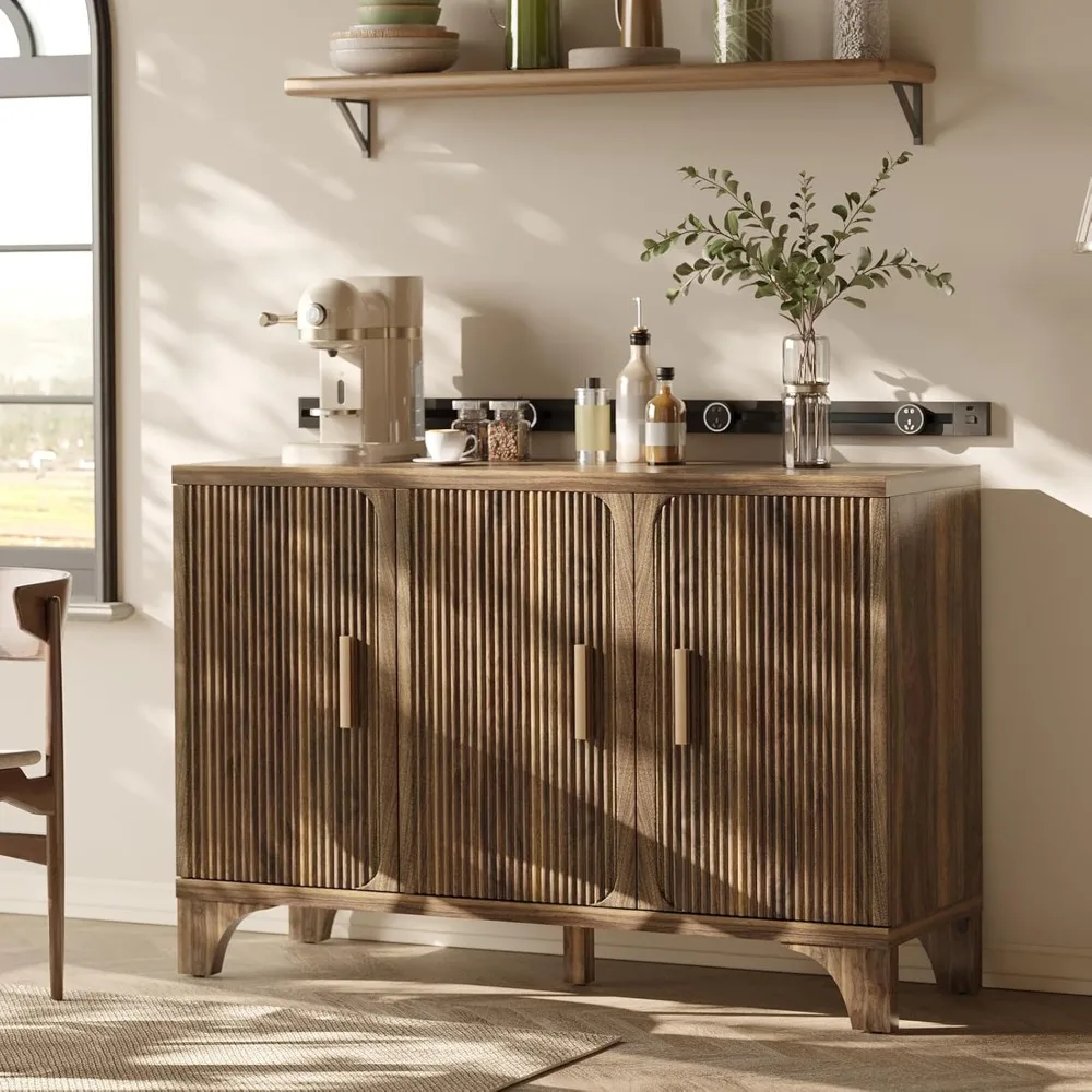 

Mid Century Modern Buffet Cabinet with Storage, Accent Sideboard and Credenza with Fluted Doors, Wood Coffee Bar Console for Kit