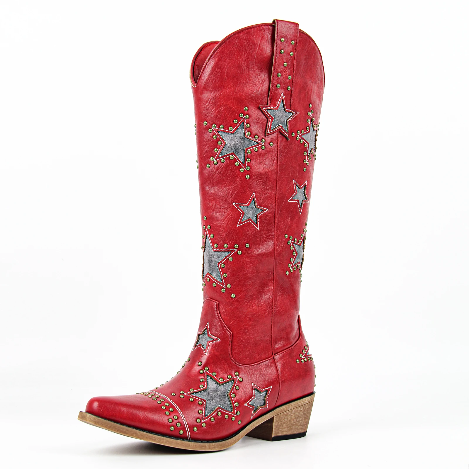 

Onlymaker Women Embroidery Star Western Cowgirl Boots Pointed Toe Side Zipper Knee High with Chunky Heel Boots