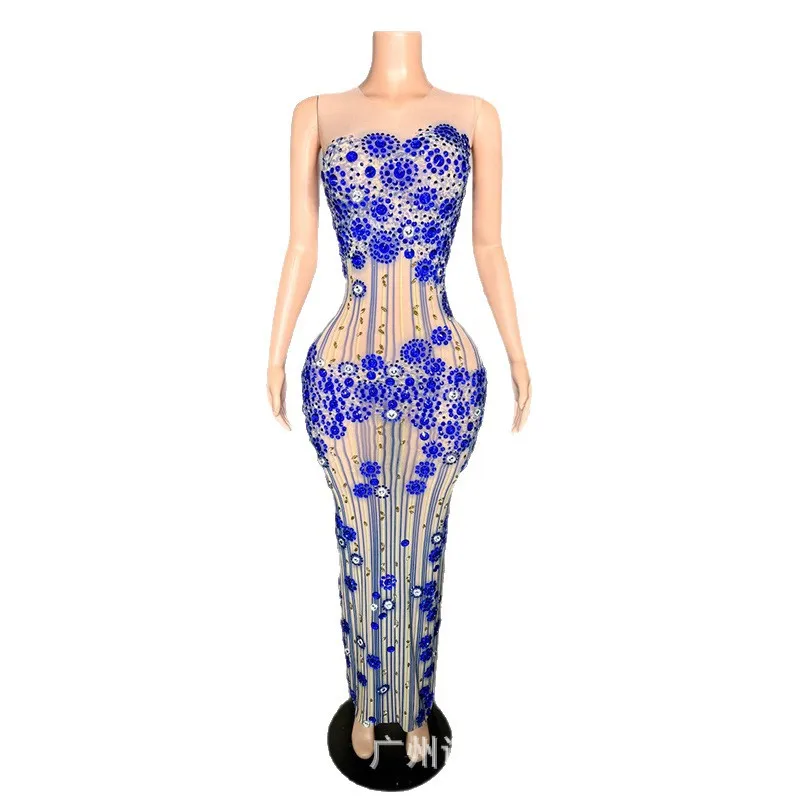 Jaar Niche Licht Luxe Temperament Elegant Blauw Strass Jaarvergadering Lange Gastheerjurk Zanger Prestatiejurk Partykleider