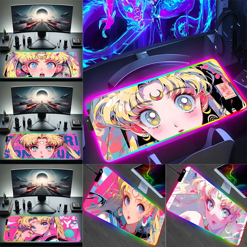 

S-Sailor MoonS RGB Pc Gamer Keyboard Mouse Pad Mousepad LED Glowing Mouse Mats Rubber Gaming Computer Mausepad