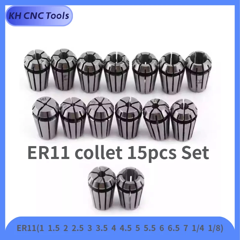 15pcs Set ER11 1-7MM 1/4 1/8 Inch (3.175mm) Spring Collet High Precision Collet Set For CNC Engraving Machine Lathe Mill Tool
