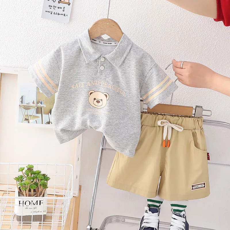 Summer New Baby Boys Clothing Set Cartoon Bear Polo T-shirt+Shorts Pants 2Pcs Suit For 1- 5 Years Old Kids Casual Outfit