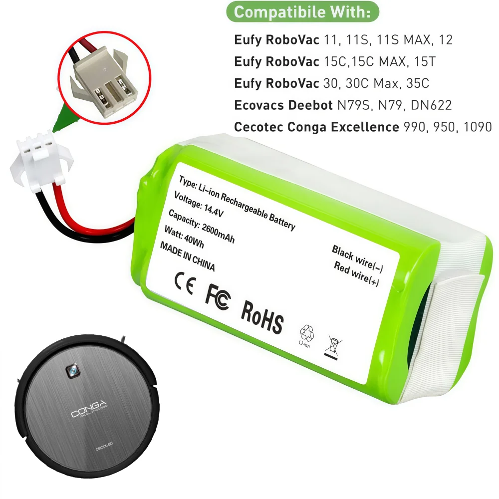 

14.4V 2600mAh Replacement Battery for Conga 990 1090 Tesvor X500 Ecovacs Deebot N79 N79S Eufy RoboVac 11 11S 30.
