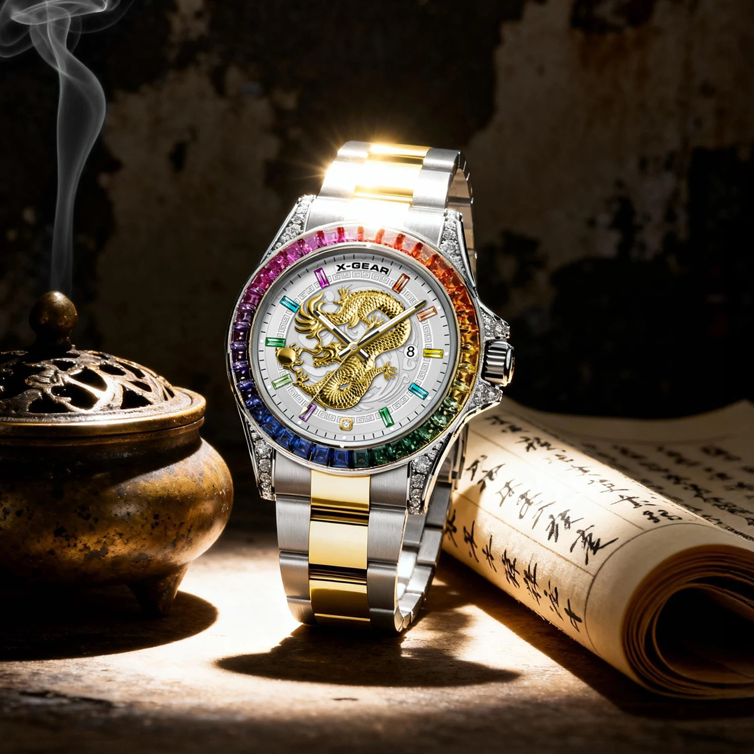 X-GEAR Real Dragon Dial Men's Trend Business Big Three Hands Men's Luxury Diamond Luminescent Waterproof Men's Quartz Watch