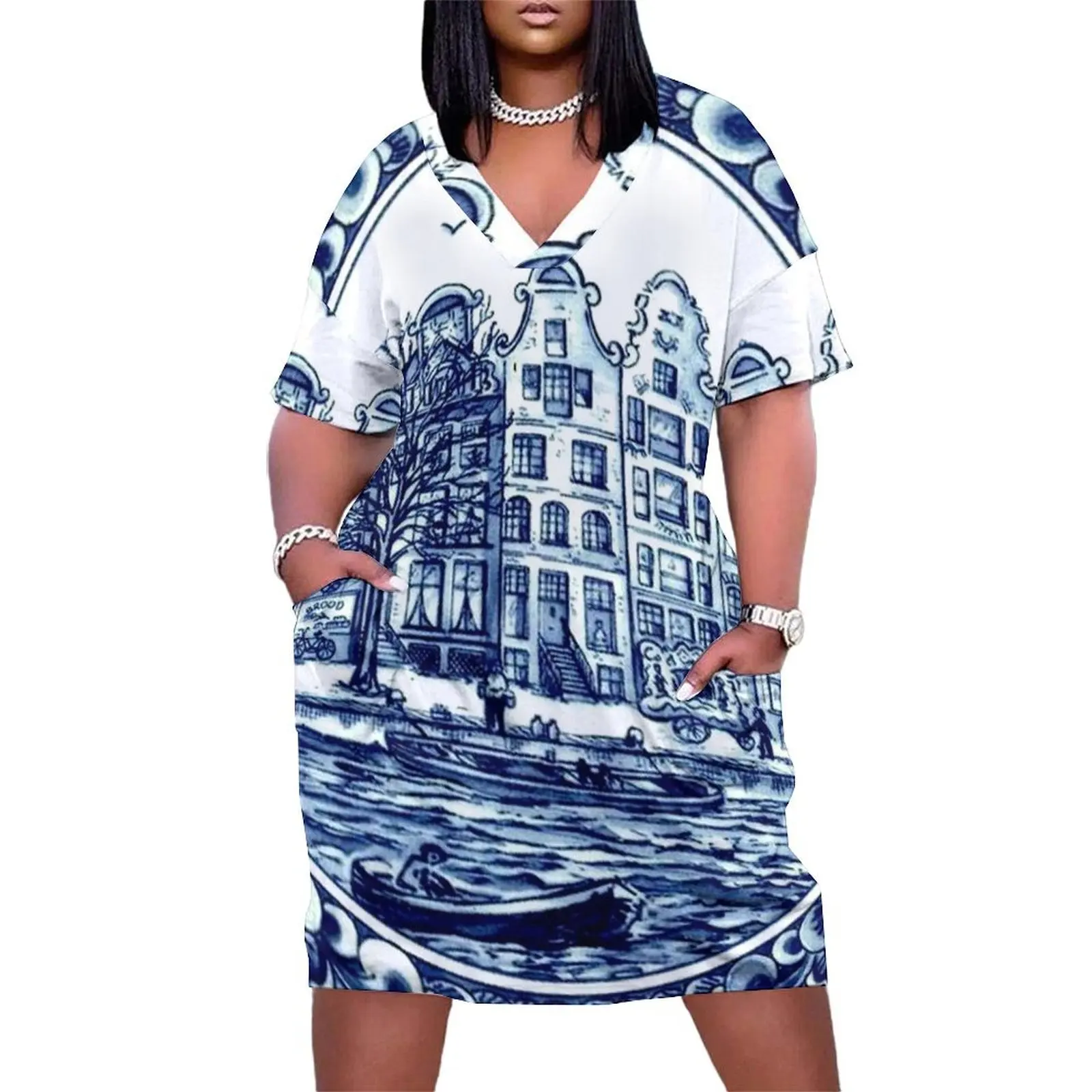 

DUTCH BLUE DELFT : Vintage Boats in Canal Amsterdam Print Loose Pocket Dress Dress for pregnant women Women long dress