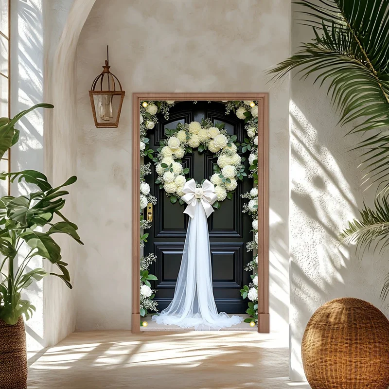 

1pc 2D Elegant Wedding Door Cover Banner with White Bow and Floral Wreath Design - Graceful Entryway Backdrop for Weddings
