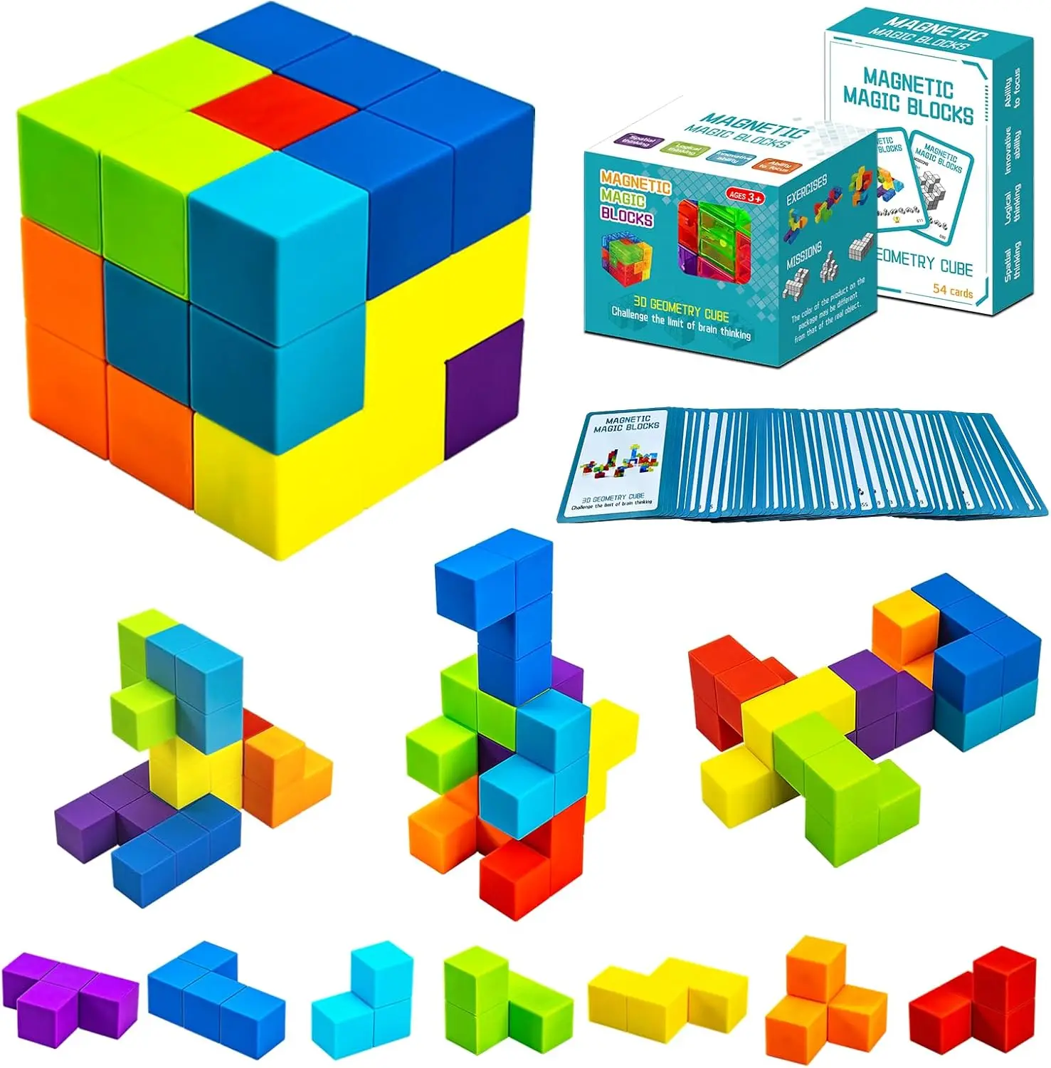 

7-Piece Magnetic 3D Puzzle Cubes with 54 Guide Cards for Creative Building and Stress Relief