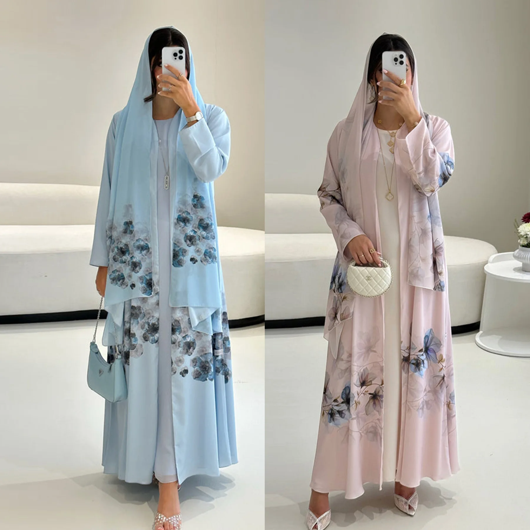 

2026 Floral Printed Muslim Long Cardigan Abaya with Hijab Wholesale Islamic Clothing Women Muslim Dress Ramadan Eid Abaya