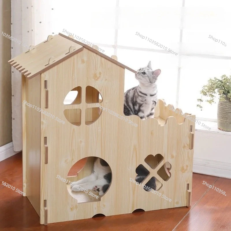 Four Seasons Luxury Solid Wood Pet Furniture - Double Deck Cat Dog Villa with Accessories