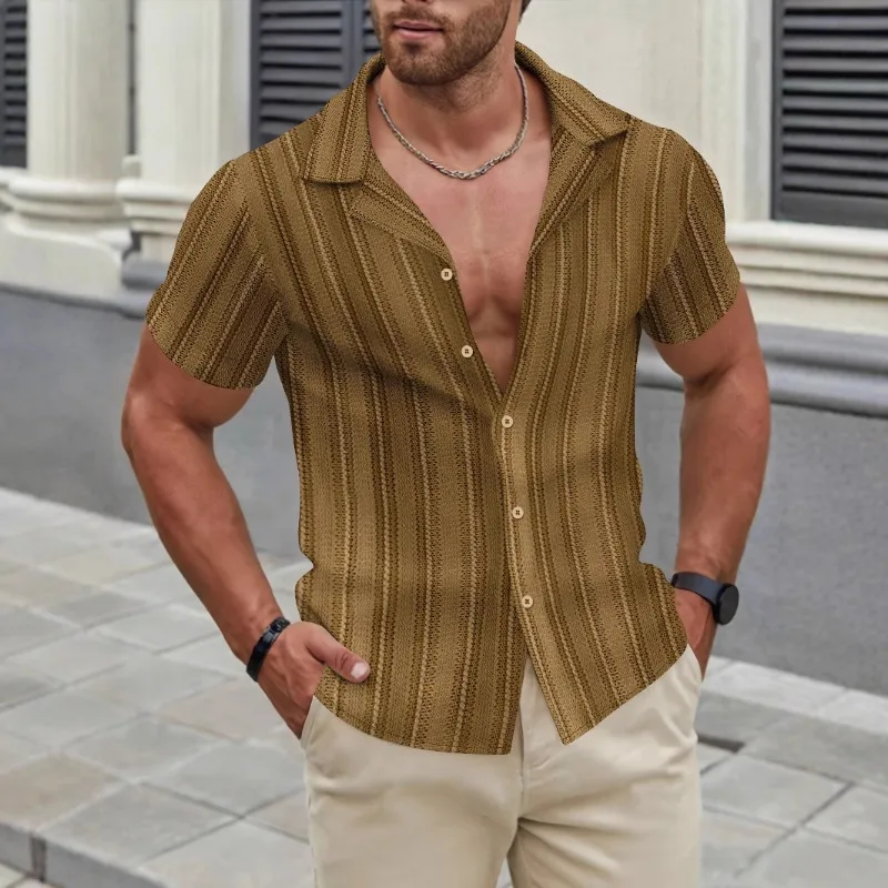

Mens Striped Knit Button Down Shirt Summer Hollow Out Breathable Short Sleeve Casual Beach Blouse